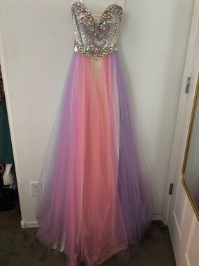 Mac Duggal Size 0 Pastel Rainbow Tulle Prom Gown Crystal Bodice
